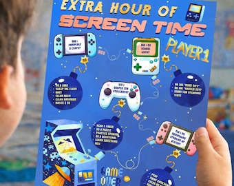 Extra Hour Of Screen Time Checklist for Kids - Gaming Theme - Video Game Time - Editable Online with Corjl