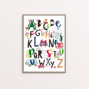 Ilustrada Alfabeto Arte de pared Decoración de la habitación de los niños - Pintado a mano ABC Acuarela Print