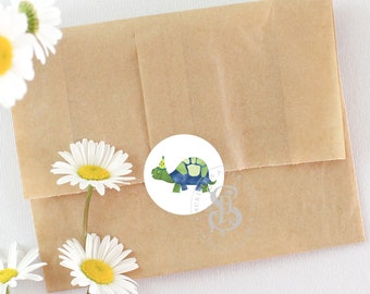 Set of 3 Personalized Tortoise Party Stickers - Turtle Birthday Party Theme Decor