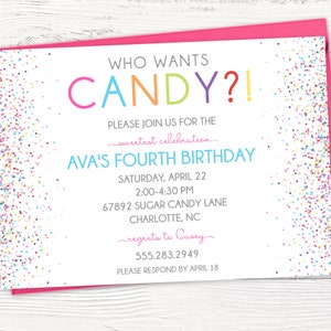 Who Wants Candy Birthday Party Invitation - Sprinkles Confetti Birthday Invitation