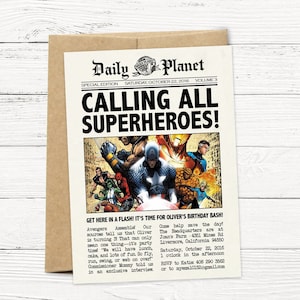 Daily Planet Superhero Newspaper Birthday Invitation - Captain America and Avengers