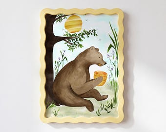 Cute Bear Wall Art Print, Woodland Nursery Decor, Forest Animal Art, Honey Bear Print, Woodland Kids Room Decor, Nature Nursery Gift