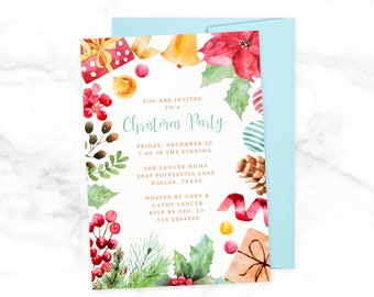 Könnte beinhalten: Eine Aquarell-Weihnachtsfeier-Einladung mit einer festlichen roten Weihnachtsstern, grünem Stechpalmen und roten Beeren. Der Einladungstext lautet: "Sie sind eingeladen zu einer Weihnachtsfeier, Freitag, 20. Dezember, 19:00 Uhr, The Lancer Home, 2849 Poinsettia Lane, Dallas, Texas, Ausgerichtet von Gary & Cathy Lancer, RSVP bis 10. Dezember: 555 2844828."