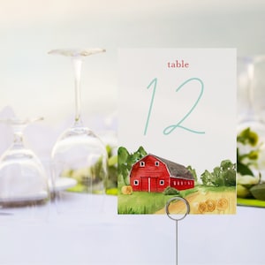 Red Barn Wedding Table Number Cards - Country Rustic Wedding Theme