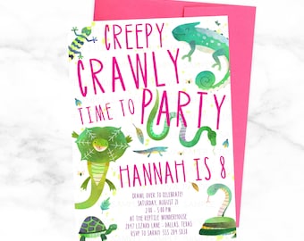 Girl Reptile Birthday Invitation - Pink Lizard, Snake, and Turtle Invitation