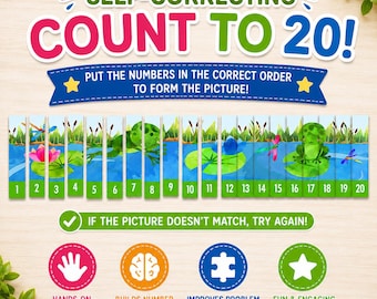 Count to 20 Puzzle Printable, Frog Number Sequencing Activity, Self Correcting Math Center, Kindergarten Counting Game, Homeschool PDF