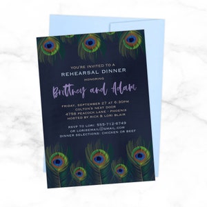 Peacock Feather Party Invitation - Navy Blue and Purple Peacock Invitation