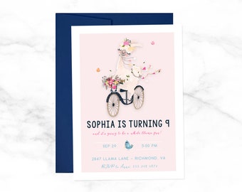 Pink Llama Birthday Party Invitation - Llama Riding a Bike Girl Birthday Invitation