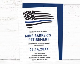 Peut inclure: Une invitation blanche avec une bordure bleue et un drapeau américain à lignes bleues avec une fine ligne bleue. L'invitation est pour la retraite de Mike Barker, reconnaissant 34 années de service à sa communauté. La date de l'événement est le 05.14.20XX. L'événement aura lieu à 17h30 à la Bartholomew Home, 4728 Palmer Lane, Phoenix, Arizona. RSVP à Anna : 555 234 4820.