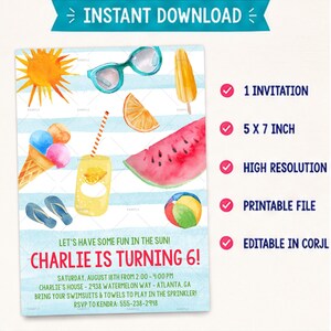 Summer Birthday Invitation Template, Pool Party Invite, Kids Splash Party Invitation, Fun in the Sun Birthday, Printable Boy Birthday Invite image 5