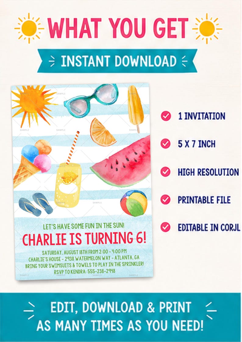 Summer Birthday Invitation Template, Pool Party Invite, Kids Splash Party Invitation, Fun in the Sun Birthday, Printable Boy Birthday Invite image 5