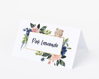 Navy Blue and Pink Baby Shower Menu Tent Cards