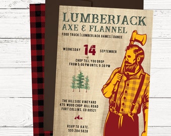 May include: A rustic invitation for a Lumberjack Axe & Flannel party on Wednesday, September 14th. The invitation features a cartoon lumberjack with an axe, a plaid pattern, and the text "Chop Till You Drop" from 5:00 PM until 9:30 PM. The event will be held at The Hillside Vineyard, 475 Wood Chop Hill Road, Fort Collins, CO 80521. RSVP to Kate at 555 284 5828.