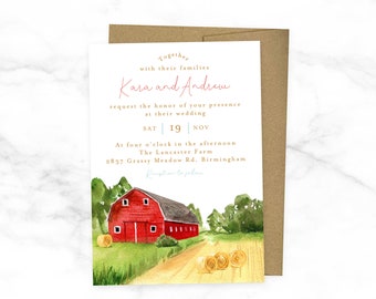 Red Barn Wedding Invitation - Rustic Country Farm Theme Wedding