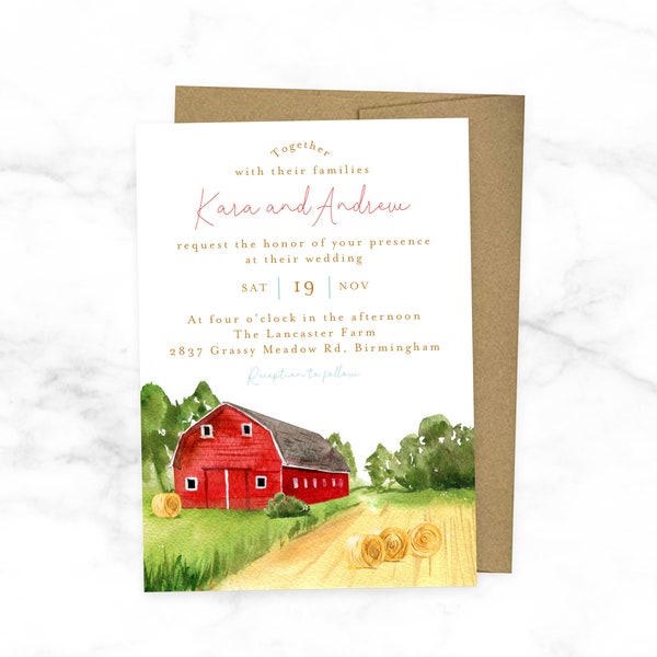Red Barn Wedding Invitation - Rustic Country Farm Theme Wedding