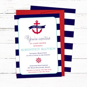 Nautical Baby Shower Invitation - Blue Stripe and Red Anchor Nautical Boy Baby Shower Invitations
