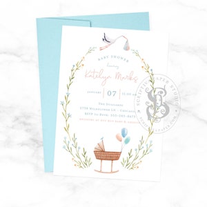 Stork Baby Shower Invitation - Pink and Blue - Gender Neutral for Unknown Gender