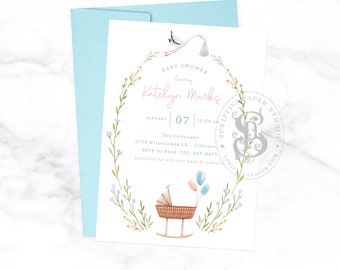 Stork Baby Shower Invitation - Pink and Blue - Gender Neutral for Unknown Gender