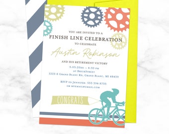 Peut inclure: Une invitation jaune, bleue et rouge avec une silhouette de vélo et le texte "YOU ARE INVITED TO A FINISH LINE CELEBRATION TO CELEBRATE Austin Robinson AND HIS RETIREMENT VICTORY 5.05.20xx 4:30 PM AT BRICKSTREET 1223 E GRAND BLANC RD, GRAND BLANC, MI 48439 RSVP TO JENNIFER: 555 394 8735 OR MYEMAIL@GMAIL.COM CONGRATS"