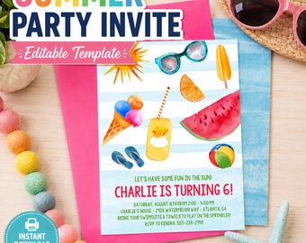 Summer Birthday Invitation Template, Pool Party Invite, Kids Splash Party Invitation, Fun in the Sun Birthday, Printable Boy Birthday Invite