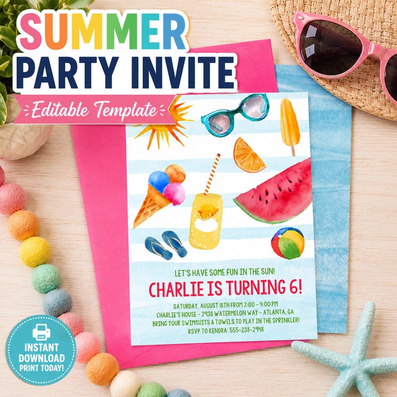 Summer Birthday Invitation Template, Pool Party Invite, Kids Splash Party Invitation, Fun in the Sun Birthday, Printable Boy Birthday Invite image 1