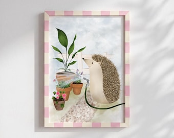 Cute Hedgehog Wall Art Print, Gardening Nursery Decor, Woodland Animal Art, Garden Lover Gift, Whimsical Kids Room Decor