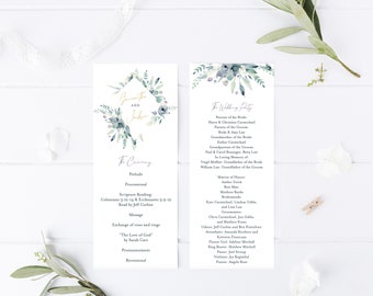 Bruiloftsprogramma met paarse en blauwe bloemen - aquarelbloemen