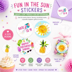 Adesivi "Divertimento al sole", adesivi per compleanno estivo, adesivi per feste modificabili, decorazioni stampabili per cupcake, sigilli per buste, modello Corjl