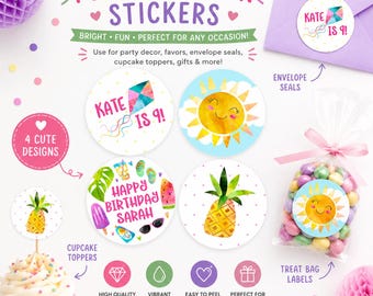 Fun in the Sun Stickers, Summer Birthday Stickers, Editable Party Stickers, Printable Cupcake Toppers, Envelope Seals, Corjl Template