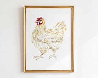 White Hen Art Print, Farmhouse Chicken Wall Art, Cottagecore Kitchen Decor, Rustic Farm Animal Illustration, Country Home Gift