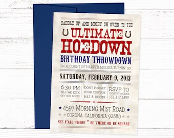Uitnodiging voor feest Hoedown | Roodbruine en blauwe Barn Dance-uitnodiging