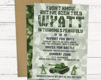 Camo Military Birthday Party Invitation - Army, Navy, and Marines