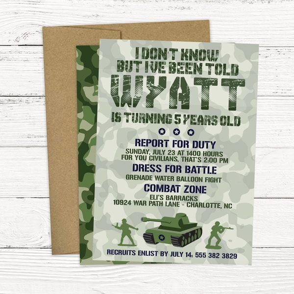 Camo Military Birthday Party Invitation - Army, Navy, and Marines