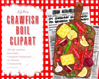 Crawfish Boil Clipart Bundle PNG | Louisiana Seafood Boil Watercolor Clip Art | Crawfish Shrimp Corn Lemon Cajun Graphics