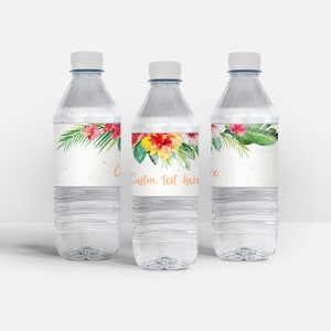 Luau Tropical Flowers Water Bottle Labels - Tropical Hawaiian Hibiscus Flower Water Bottle Labels