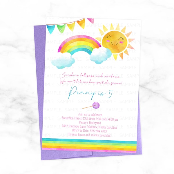 Sunshine Lollipops and Rainbows Summer Birthday Party Invitation