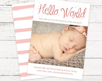 Pink Hello World Birth Announcement - Girl Photo Baby Announcement
