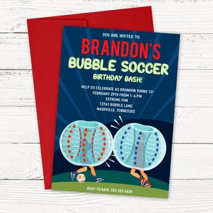 May include: A blue and red invitation for a birthday party. The invitation says "Brandon's Bubble Soccer Birthday Bash!" and includes details about the party, including the date, time, and location. The invitation features an illustration of two people playing bubble soccer.