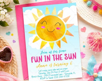 Sjabloon verjaardagsuitnodiging Fun in the Sun, zomerverjaardagsuitnodiging, bewerkbare Corjl-uitnodiging, uitnodiging zwembadfeest, afdrukbare kinderverjaardag