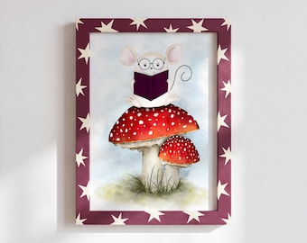 Reading Mouse Art Print, Whimsical Mouse Wall Art, Woodland Nursery Decor, Book Lover Gift, Mushroom Illustration