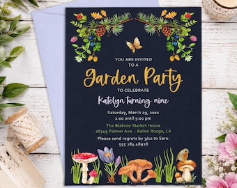 Garden Party Invitation Template, Editable Woodland Birthday Invite, Mushroom Invitation, Fairy Garden Party Invite, Corjl Template
