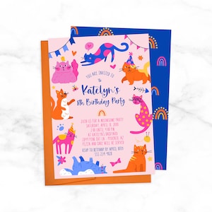 Cat Invitation for Girls - Pink and Navy Blue Kittens Birthday Invitation