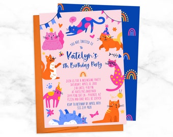 Cat Invitation for Girls - Pink and Navy Blue Kittens Birthday Invitation