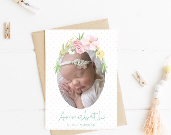 Geboortekaartje met bloemenlijst voor babymeisje