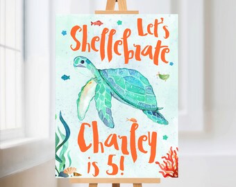 Welkomstbord verjaardagsfeest zeeschildpad - bord onder de zeeschildpad