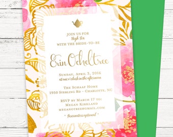 Tea Party Bridal Shower Invitation - Pink and Gold Floral Tea Party Invitation