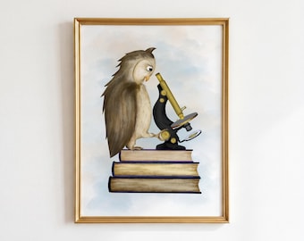 Wise Owl Wall Art Print, Whimsical Owl Illustration, Science Teacher Gift, Library Decor, Book Lover Wall Art by Ashlee Noble Johnson