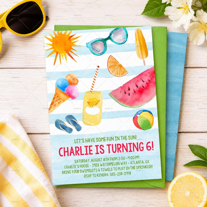 Summer Birthday Invitation Template, Pool Party Invite, Kids Splash Party Invitation, Fun in the Sun Birthday, Printable Boy Birthday Invite image 2