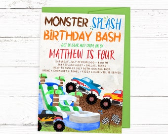 Monster Splash Birthday Party Invitation - Monster Truck Water Slide Summer Party Invitation