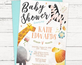 Safari Animals Baby Shower Invitation | Giraffe - Zebra - Elephant - Lion